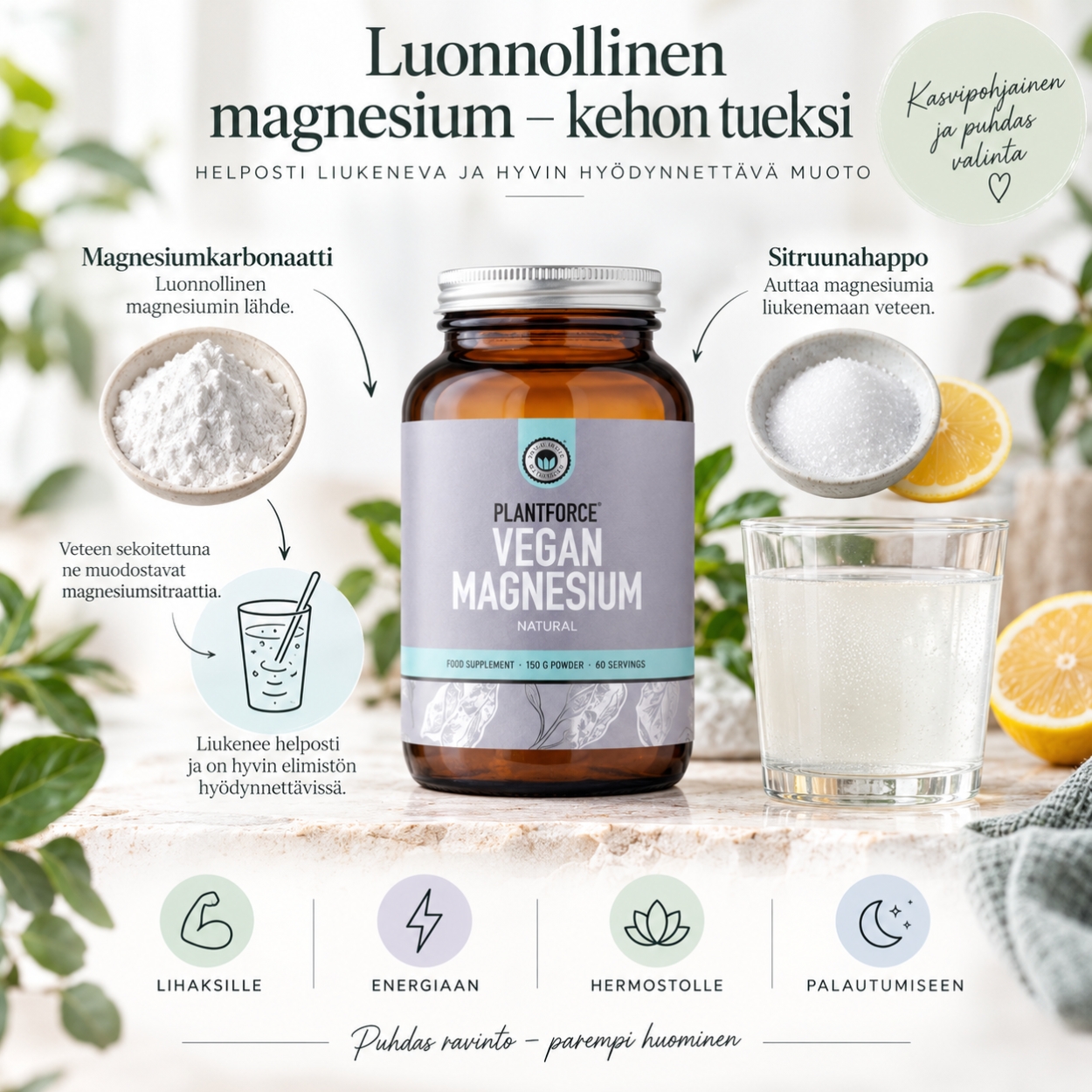 Plantforce Vegan Magnesium Natural, maustamaton 150 g (60 annosta) 1 Plantforce Vegan Magnesium Natural, maustamaton 150 g (60 annosta)